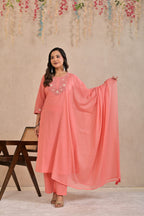 Women’s Embroidered Kurta Pant Dupatta Set with Floral Yoke