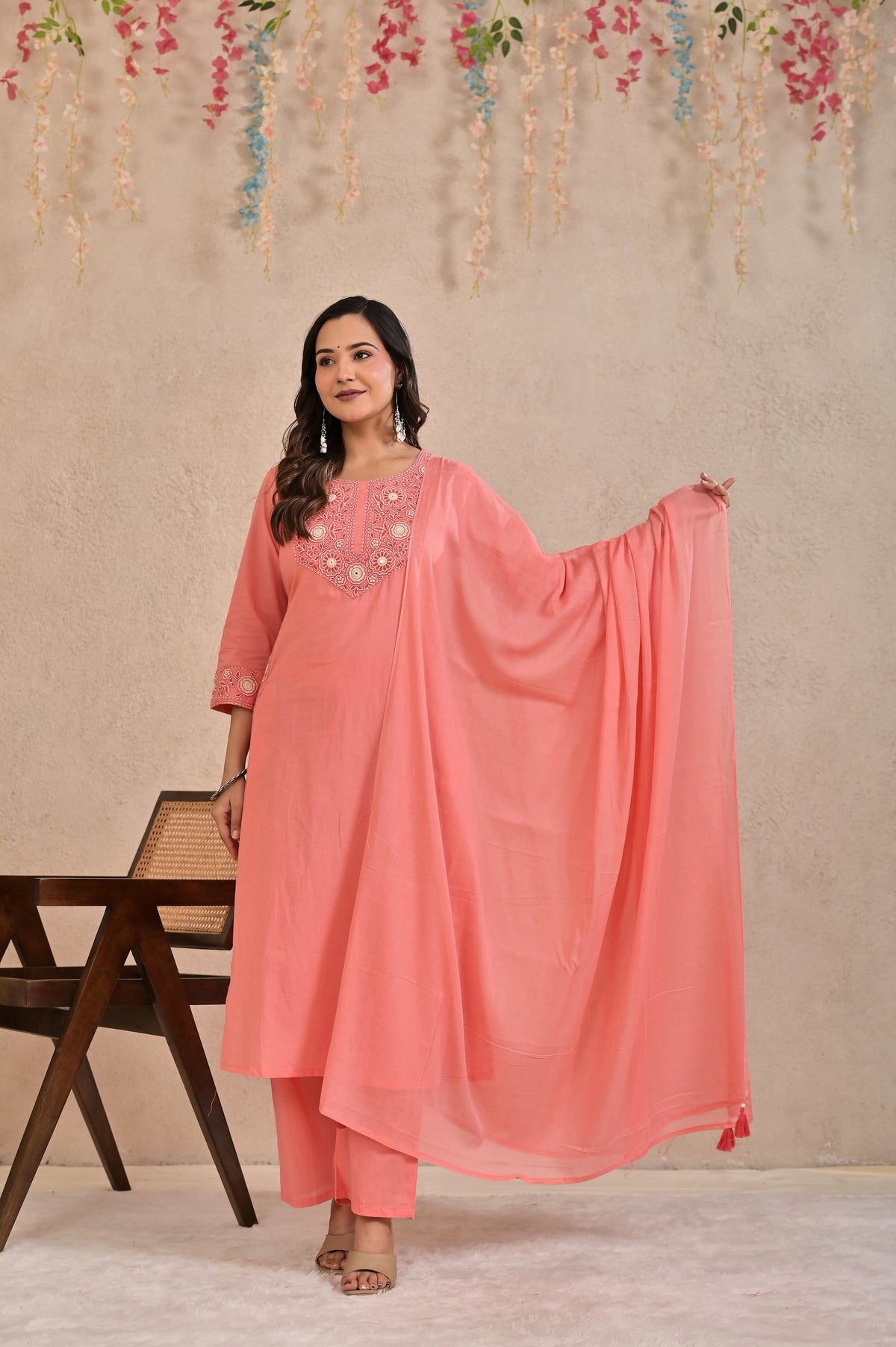 Women’s Embroidered Kurta Pant Dupatta Set with Floral Yoke