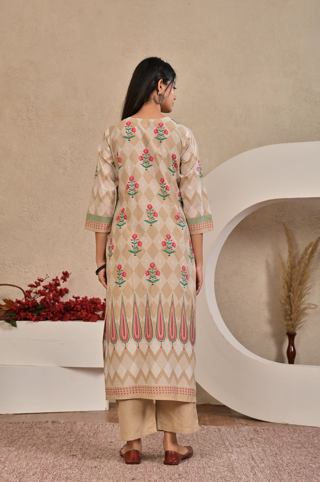 Women’s Panel Printed Kurta Set with Pin Tucks, Neckline Handwork & Tassels