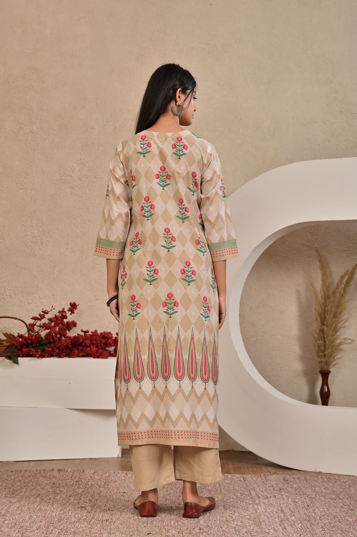 Women’s Panel Printed Kurta Set with Pin Tucks, Neckline Handwork & Tassels