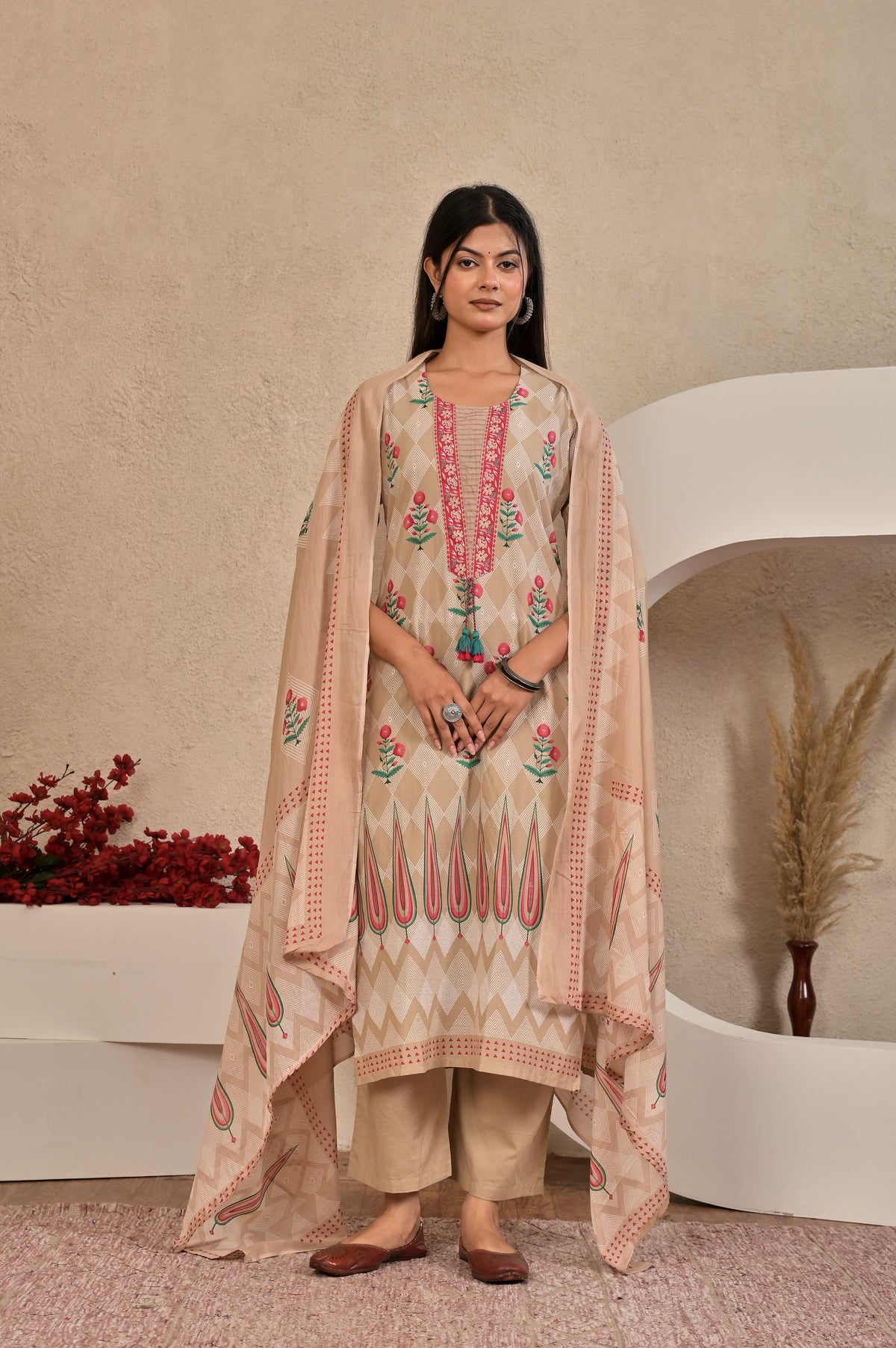 Women’s Panel Printed Kurta Set with Pin Tucks, Neckline Handwork & Tassels