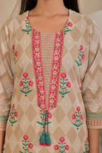 Women’s Panel Printed Kurta Set with Pin Tucks, Neckline Handwork & Tassels