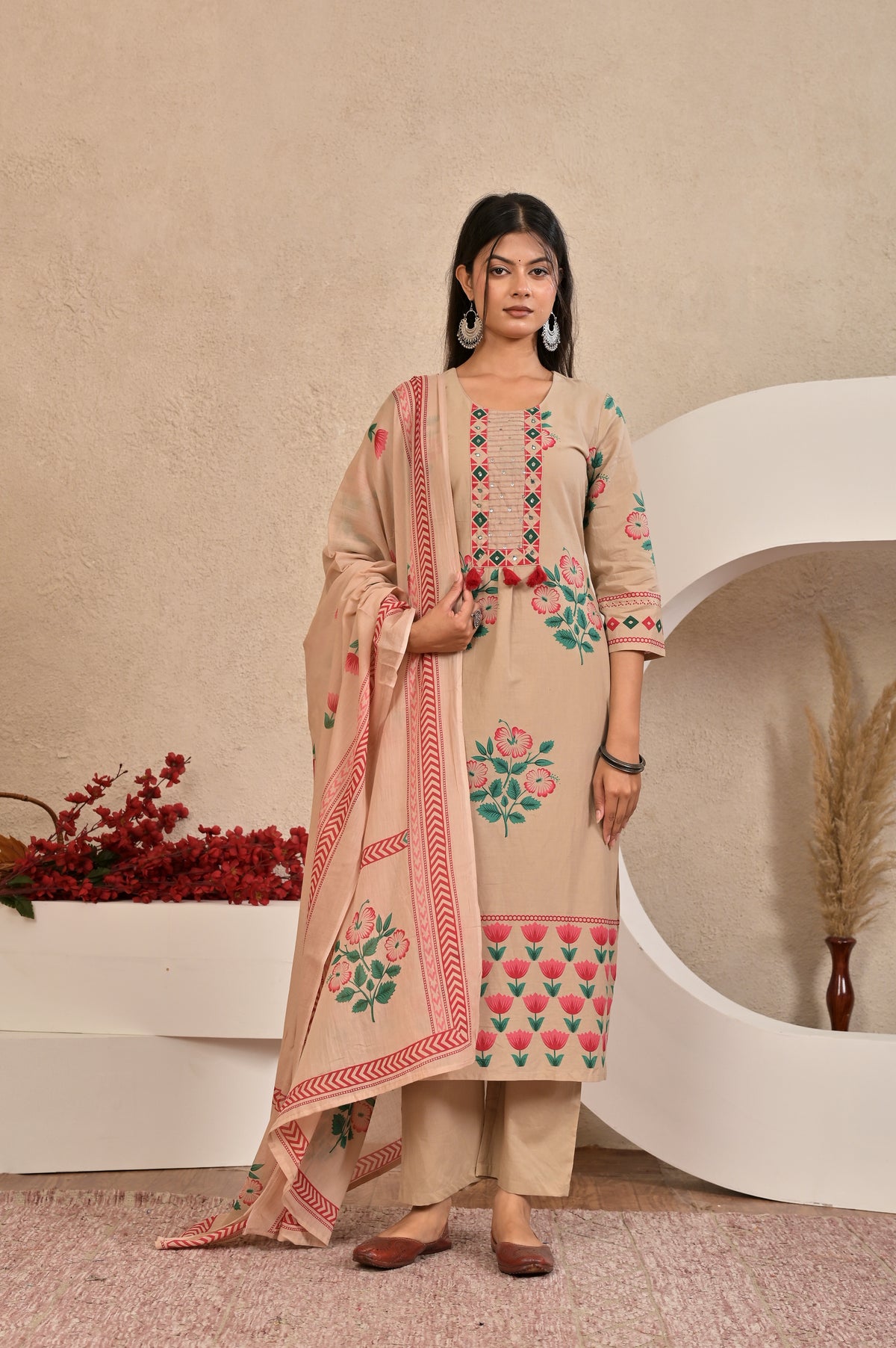 Women’s Panel Printed Kurta Set with Pin Tucks, Handwork & Tassels