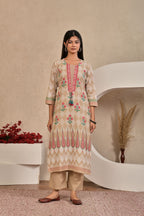 Women’s Panel Printed Kurta Set with Pin Tucks, Neckline Handwork & Tassels