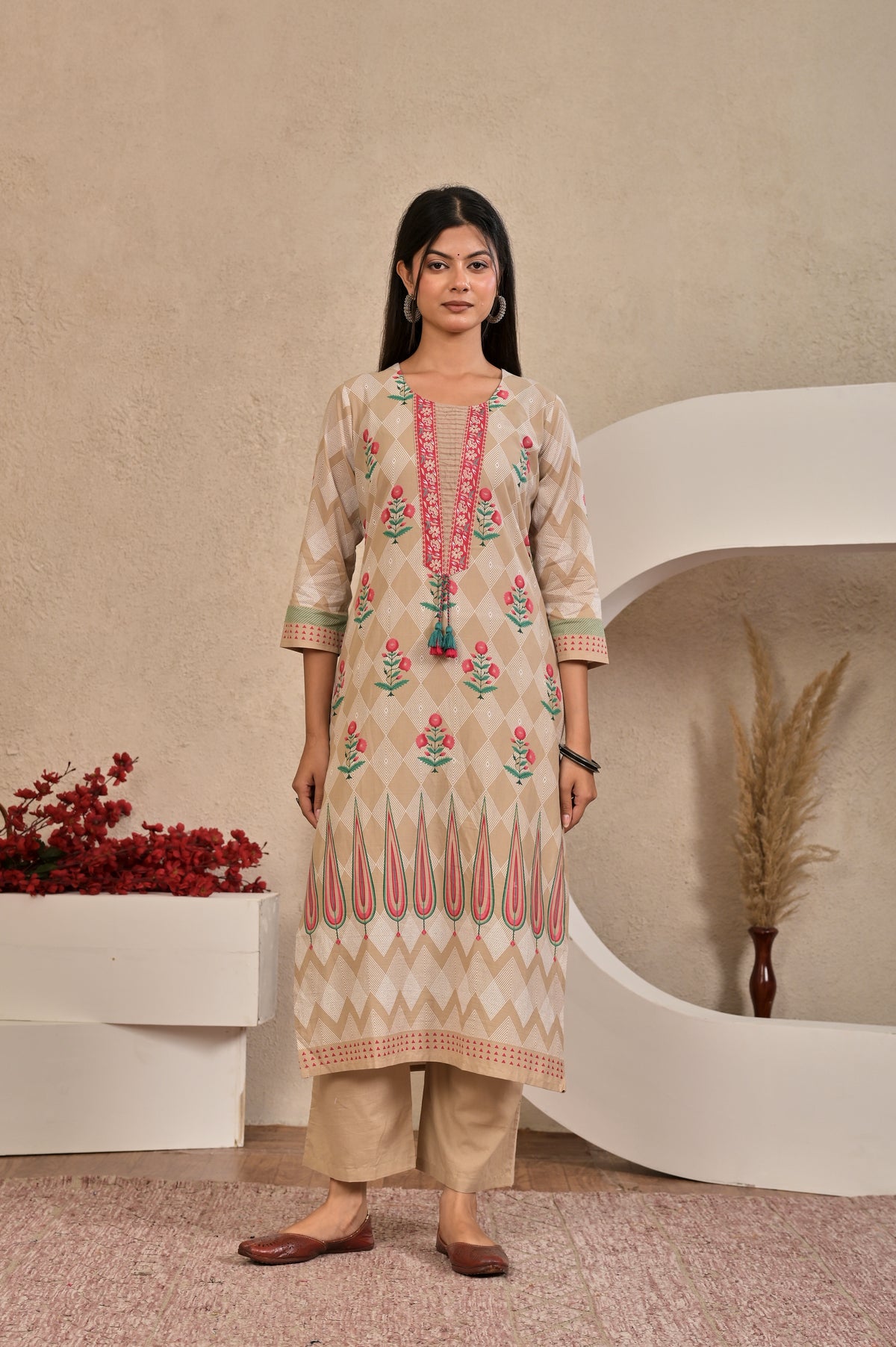 Women’s Panel Printed Kurta Set with Pin Tucks, Neckline Handwork & Tassels