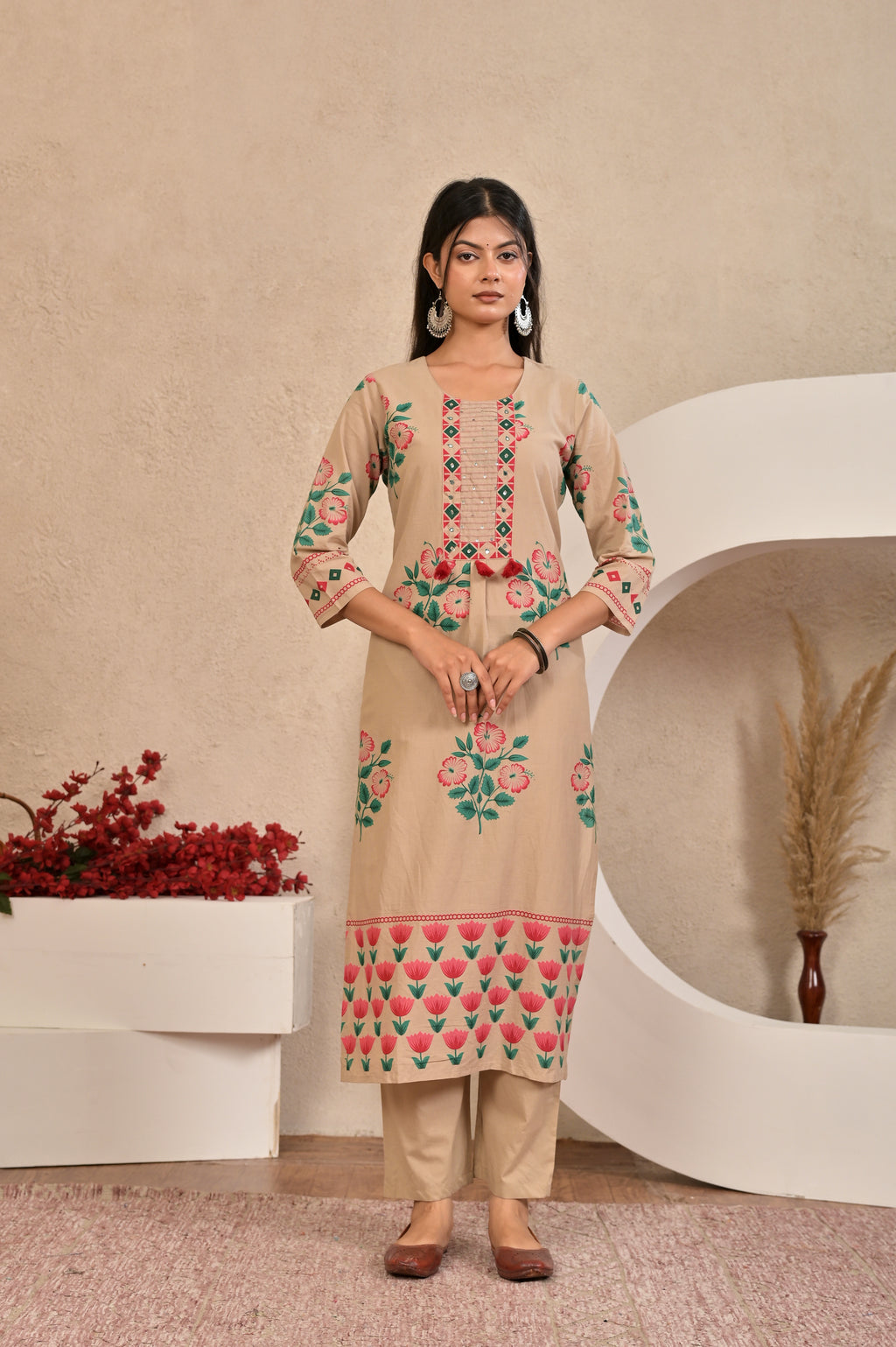 Women’s Panel Printed Kurta Set with Pin Tucks, Handwork & Tassels