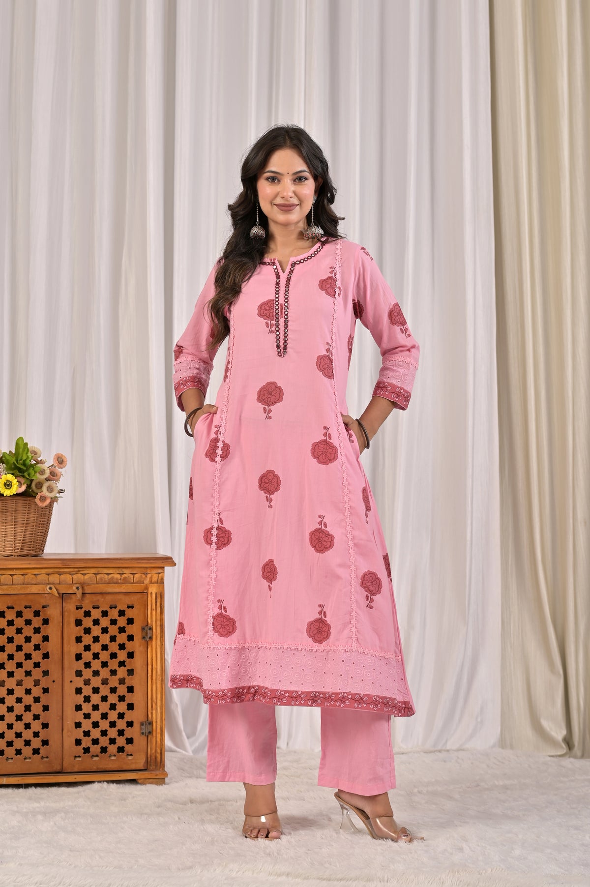 Women’s A-Line Printed Kurta Pant Dupatta Set with Schiffli Patchwork & Lace