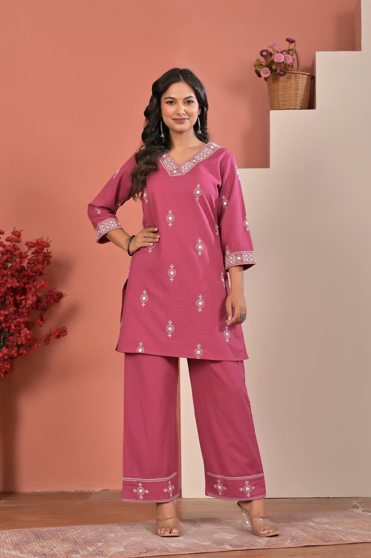 Women’s Cotton Flex Embroidered Kurta Pant Co-ord Set