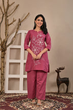 Women’s Floral Embroidered Kurta Pant Co-ord Set with 3/4 Sleeves
