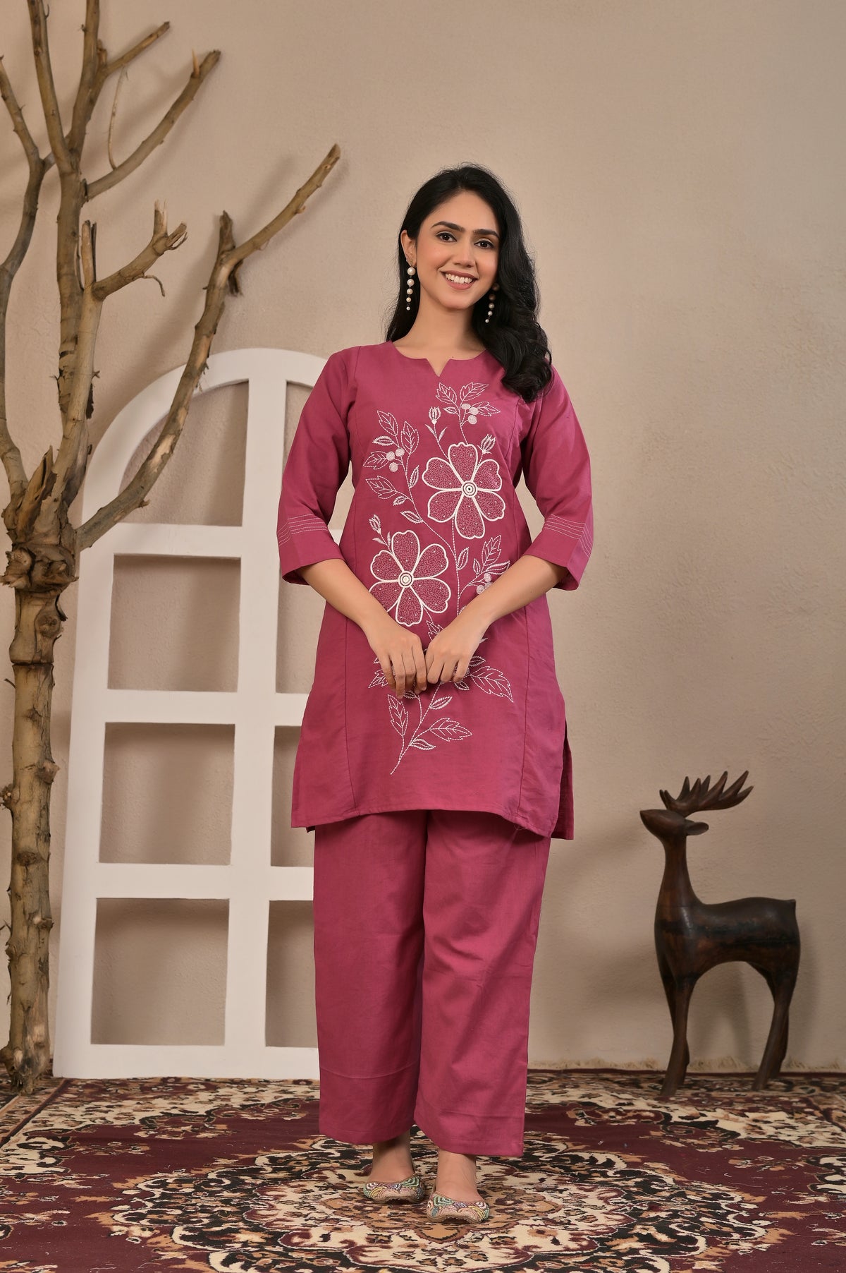Women’s Floral Embroidered Kurta Pant Co-ord Set with 3/4 Sleeves