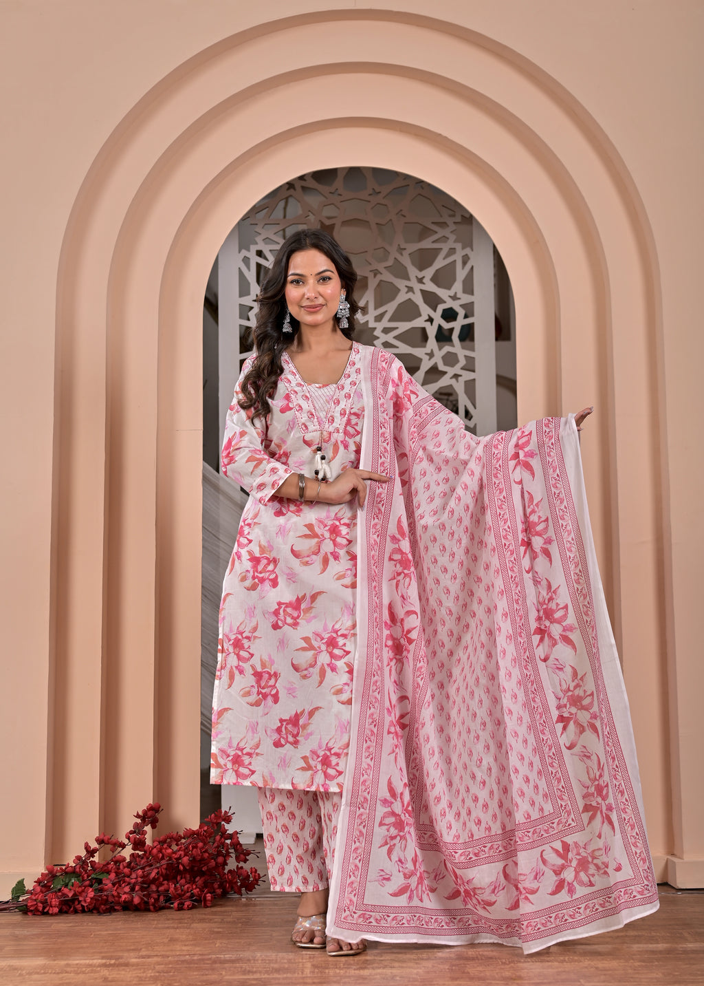 Women’s Straight Printed Kurta Pant Dupatta Set with Handwork & Tassels