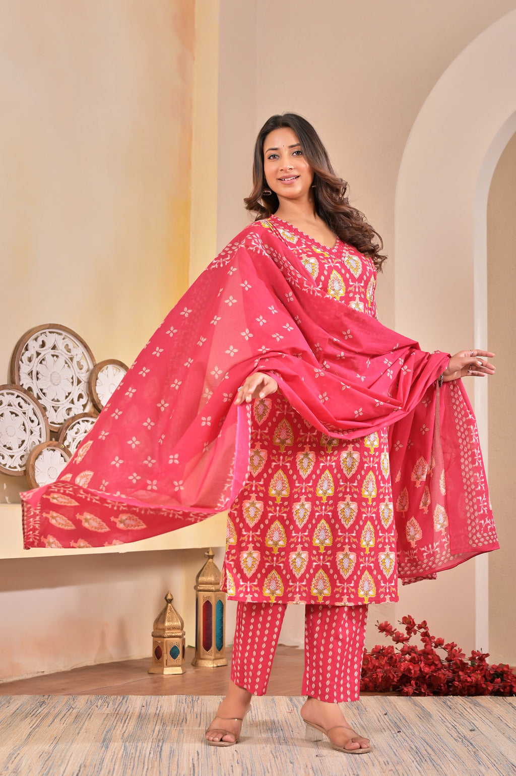 Women’s Floral Printed Straight Kurta Set with Neckline Handwork & Pintucks