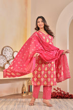 Women’s Floral Printed Straight Kurta Set with Neckline Handwork & Pintucks