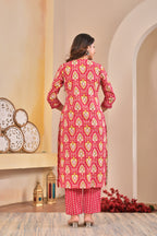 Women’s Floral Printed Straight Kurta Set with Neckline Handwork & Pintucks