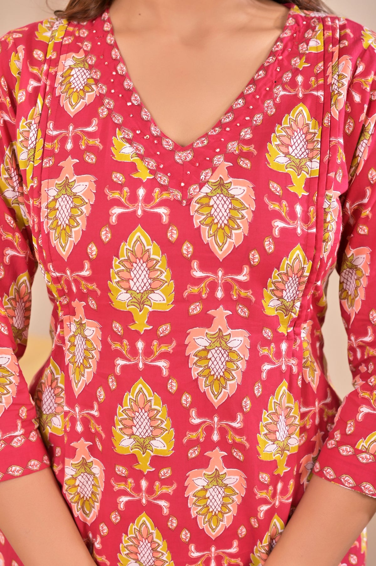 Women’s Floral Printed Straight Kurta Set with Neckline Handwork & Pintucks