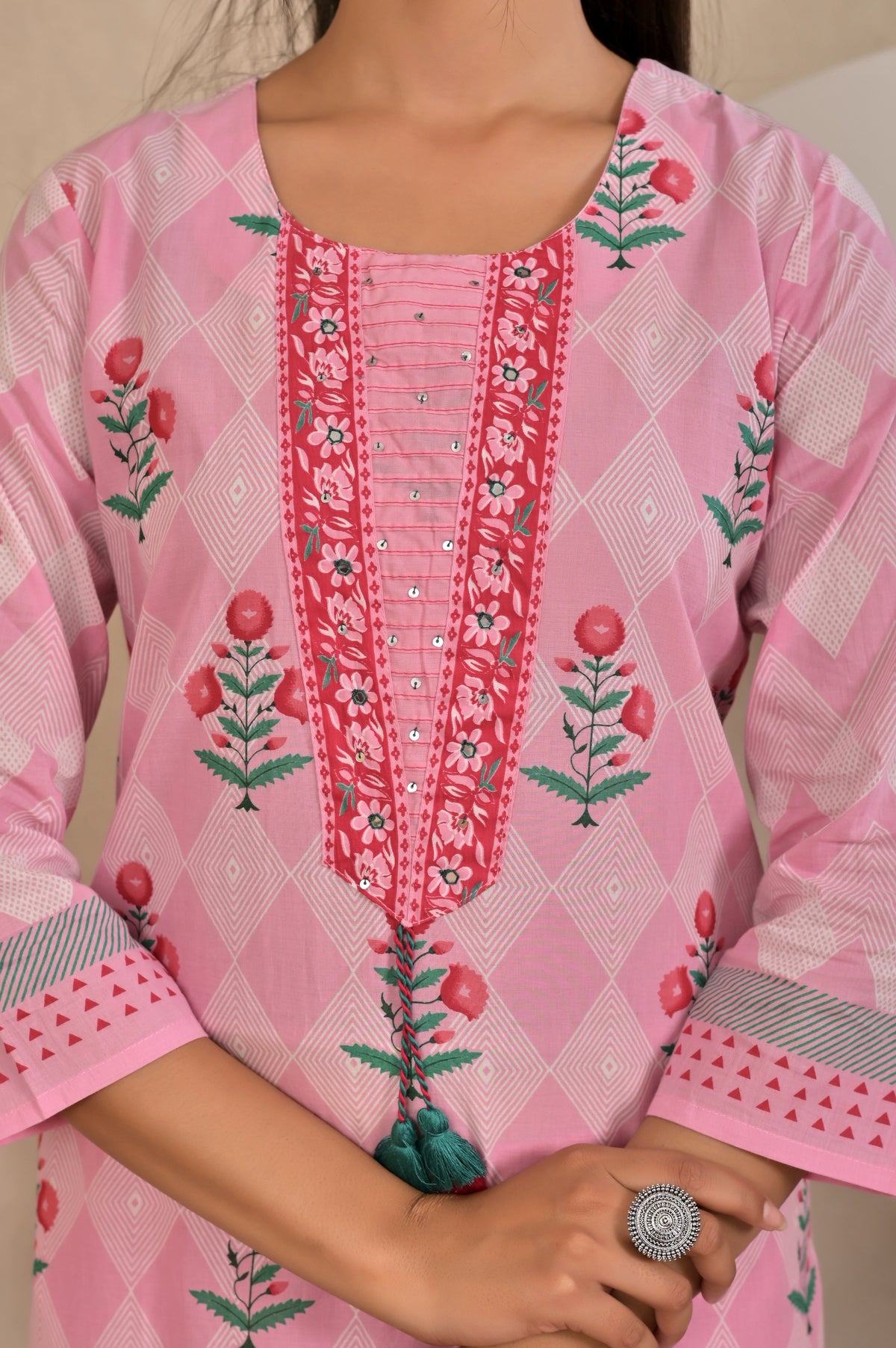 Women’s Panel Printed Kurta Set with Pin Tucks, Neckline Handwork & Tassels