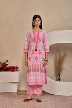 Women’s Panel Printed Kurta Set with Pin Tucks, Neckline Handwork & Tassels