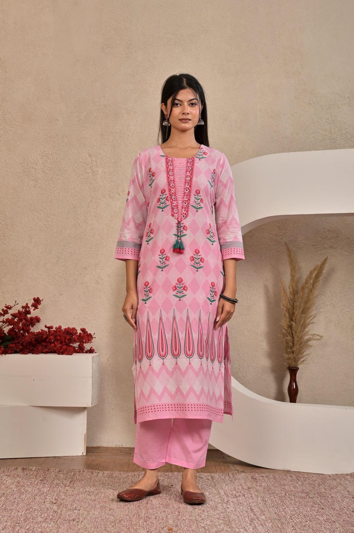 Women’s Panel Printed Kurta Set with Pin Tucks, Neckline Handwork & Tassels