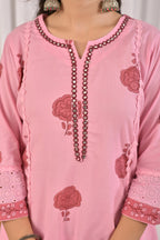 Women’s A-Line Printed Kurta Pant Dupatta Set with Schiffli Patchwork & Lace