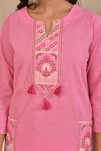 Women’s Embroidered Kurta Set with Lace, Handwork & Tassel Details
