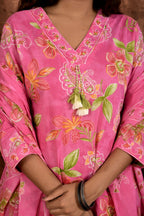 Women’s Printed A-Line Kurta Pant Dupatta Set with Heavy Neckline Handwork & Tassels