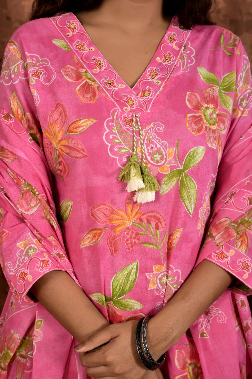 Women’s Printed A-Line Kurta Pant Dupatta Set with Heavy Neckline Handwork & Tassels