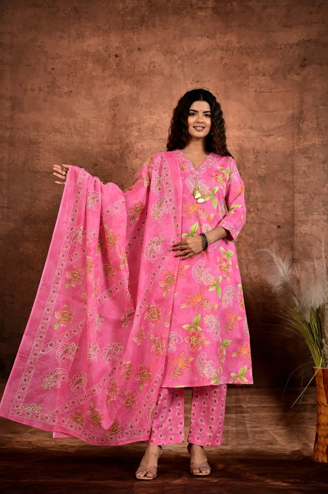 Women’s Printed A-Line Kurta Pant Dupatta Set with Heavy Neckline Handwork & Tassels
