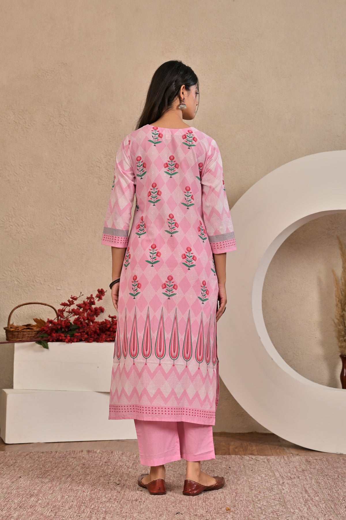Women’s Panel Printed Kurta Set with Pin Tucks, Neckline Handwork & Tassels