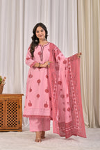 Women’s A-Line Printed Kurta Pant Dupatta Set with Schiffli Patchwork & Lace