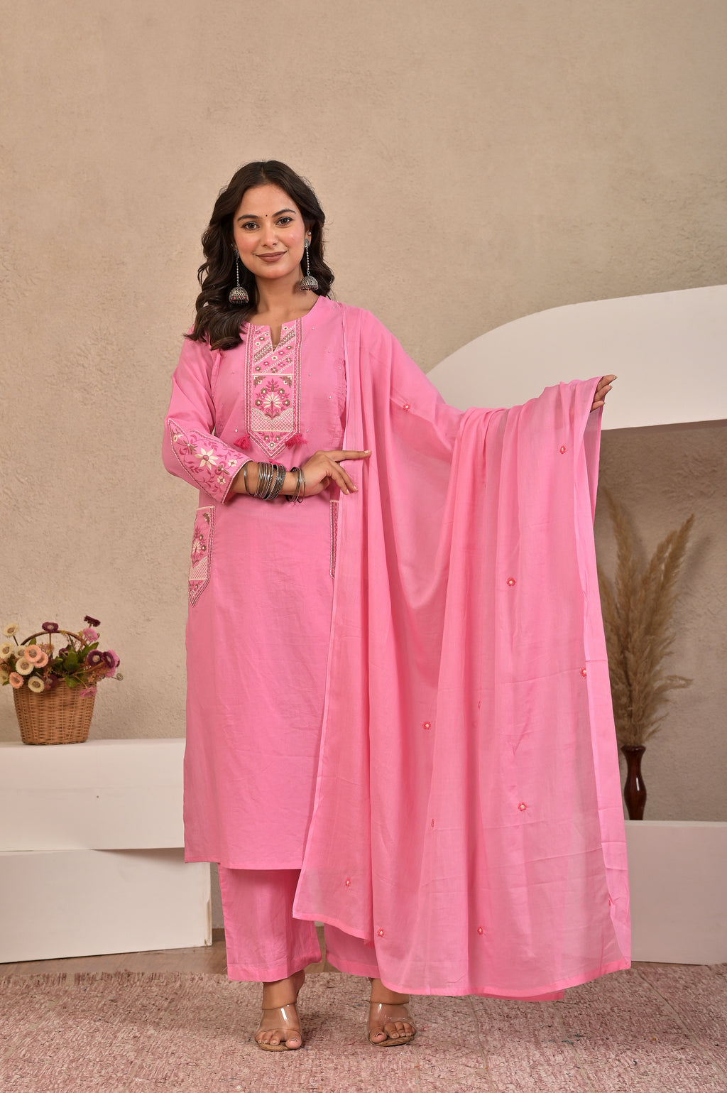 Women’s Embroidered Kurta Set with Lace, Handwork & Tassel Details