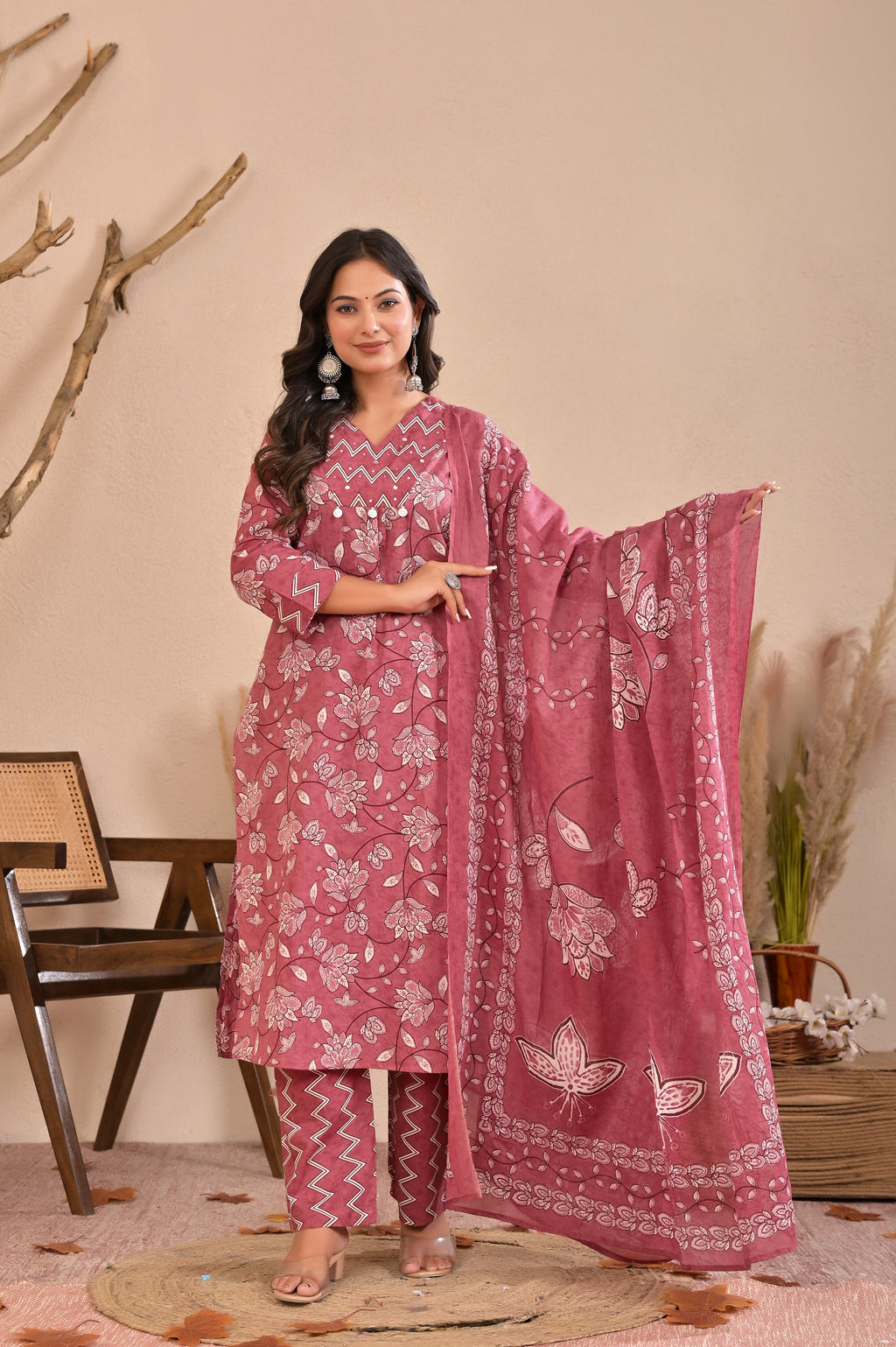 Women’s Straight Printed Kurta Pant Dupatta Set with Handworked Yoke & Tassels