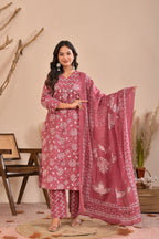 Women’s Straight Printed Kurta Pant Dupatta Set with Handworked Yoke & Tassels