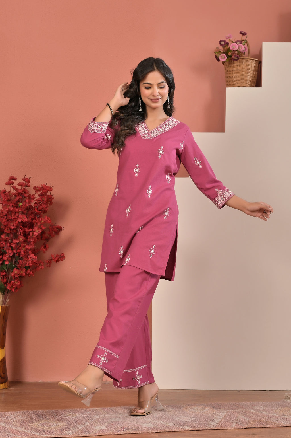 Women’s Cotton Flex Embroidered Kurta Pant Co-ord Set
