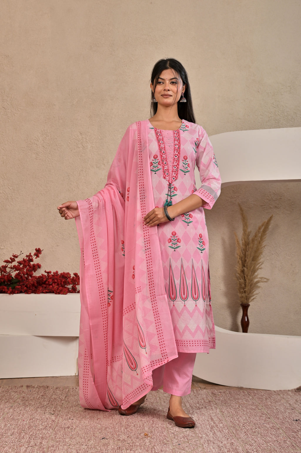 Women’s Panel Printed Kurta Set with Pin Tucks, Neckline Handwork & Tassels
