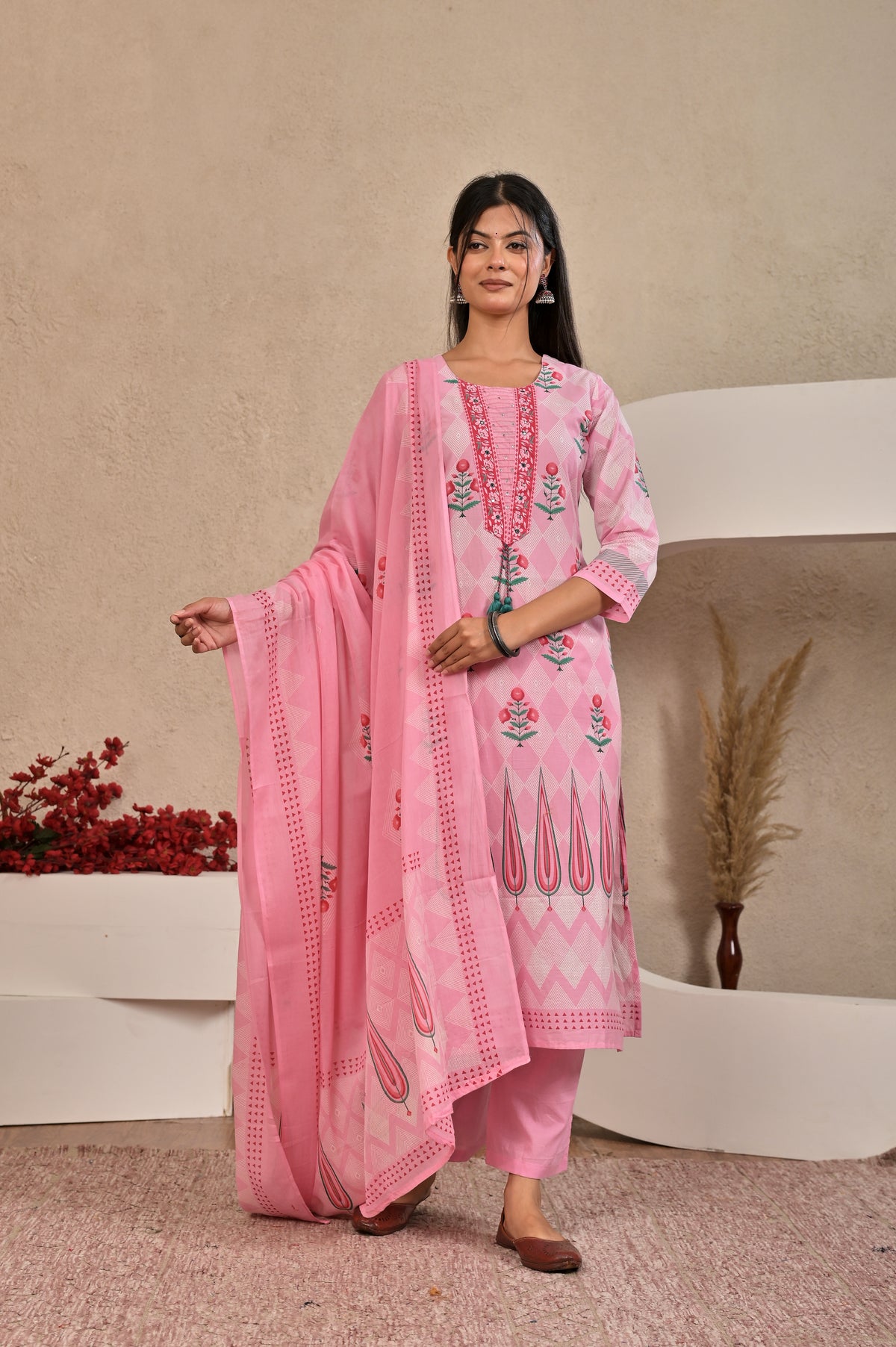 Women’s Panel Printed Kurta Set with Pin Tucks, Neckline Handwork & Tassels