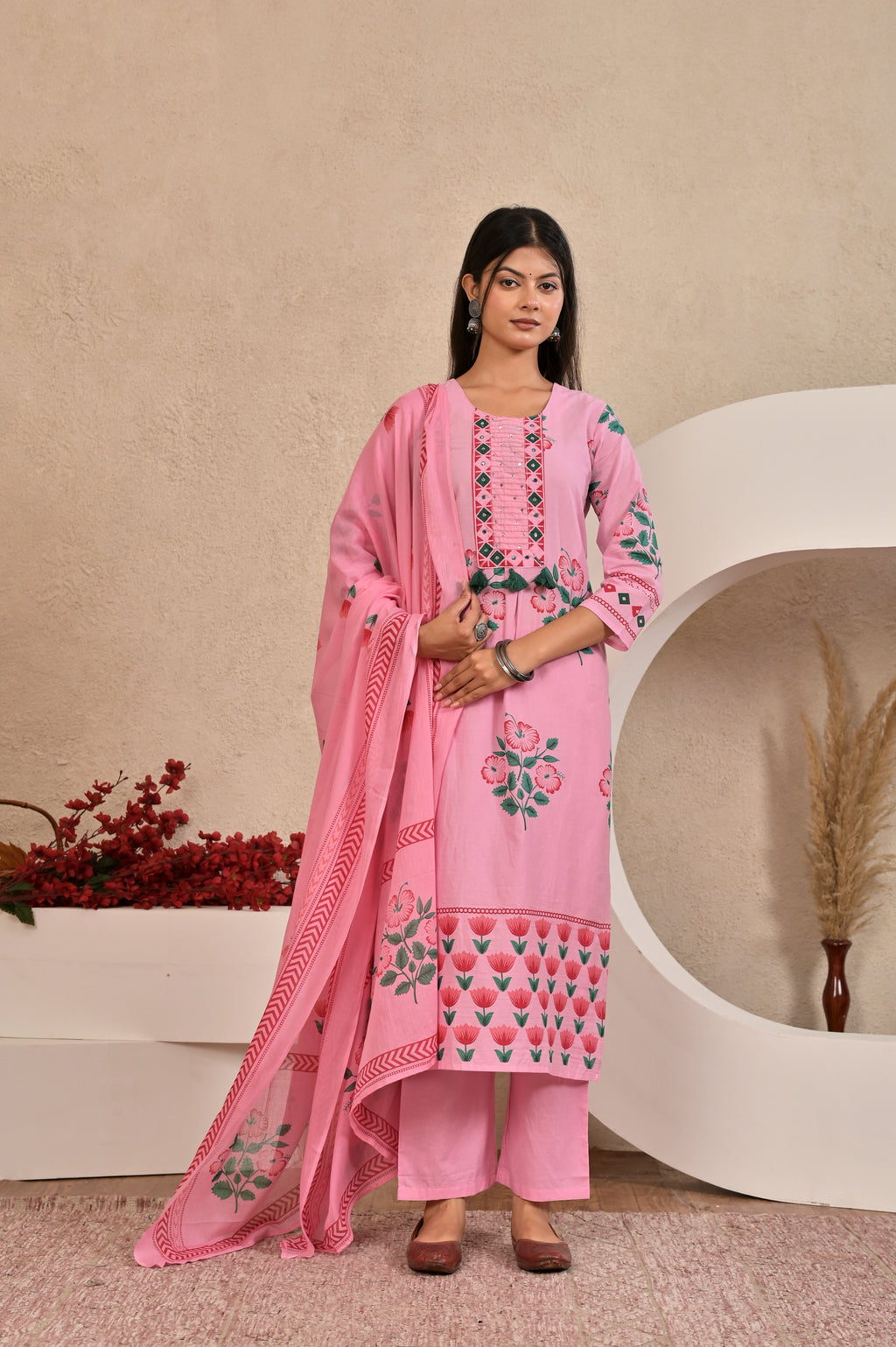 Women’s Panel Printed Kurta Set with Pin Tucks, Handwork & Tassels