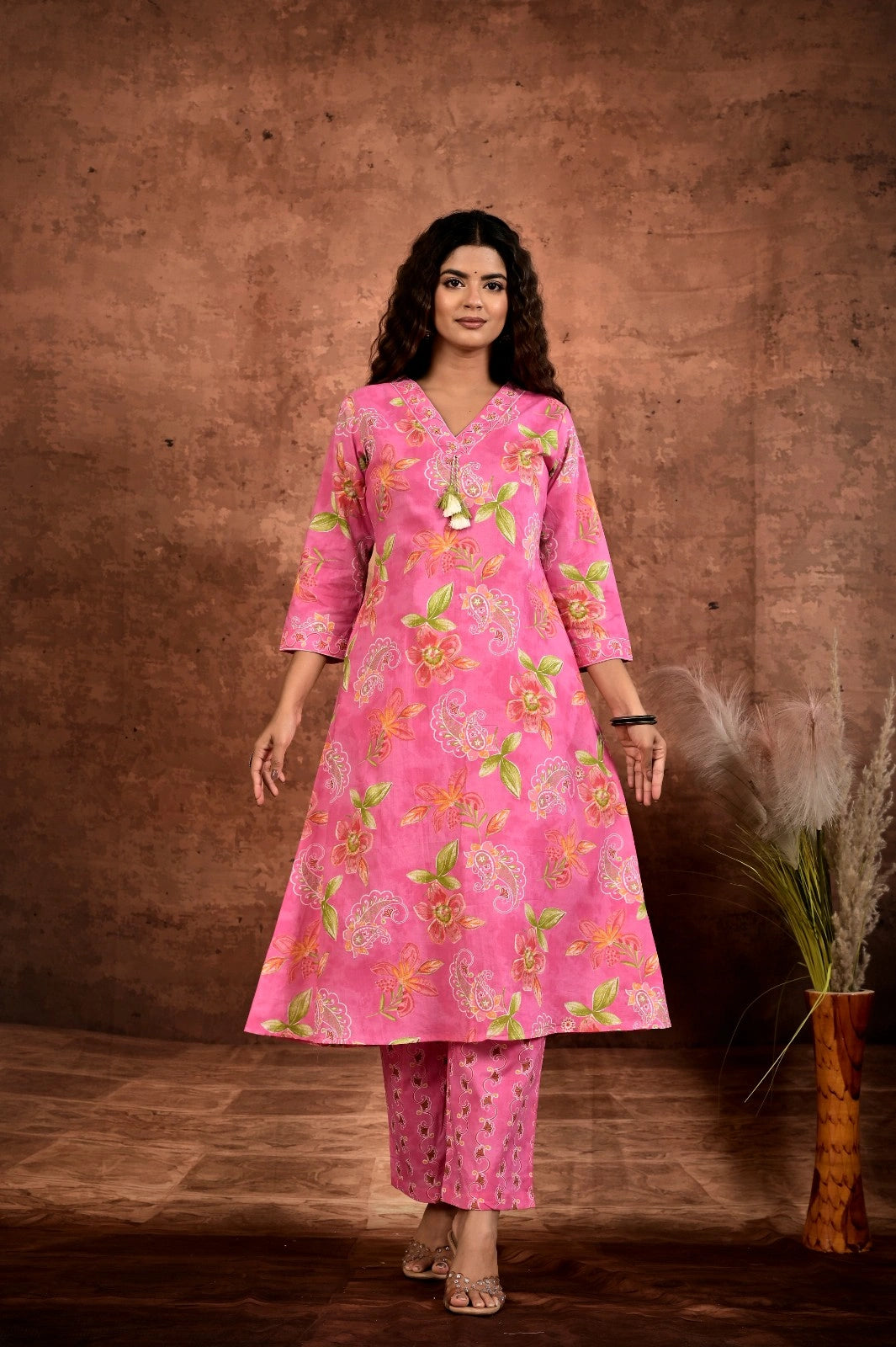 Women’s Printed A-Line Kurta Pant Dupatta Set with Heavy Neckline Handwork & Tassels
