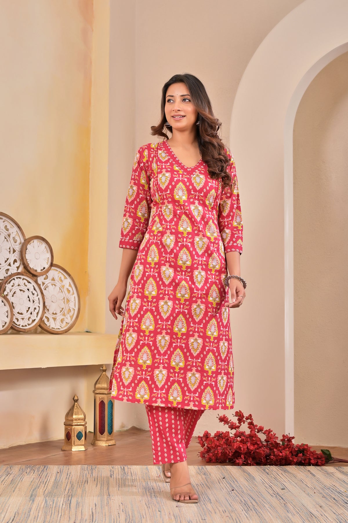 Women’s Floral Printed Straight Kurta Set with Neckline Handwork & Pintucks