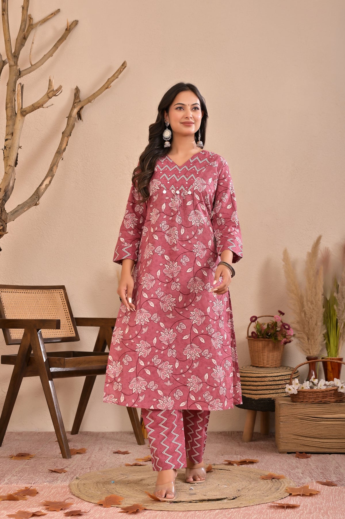 Women’s Straight Printed Kurta Pant Dupatta Set with Handworked Yoke & Tassels