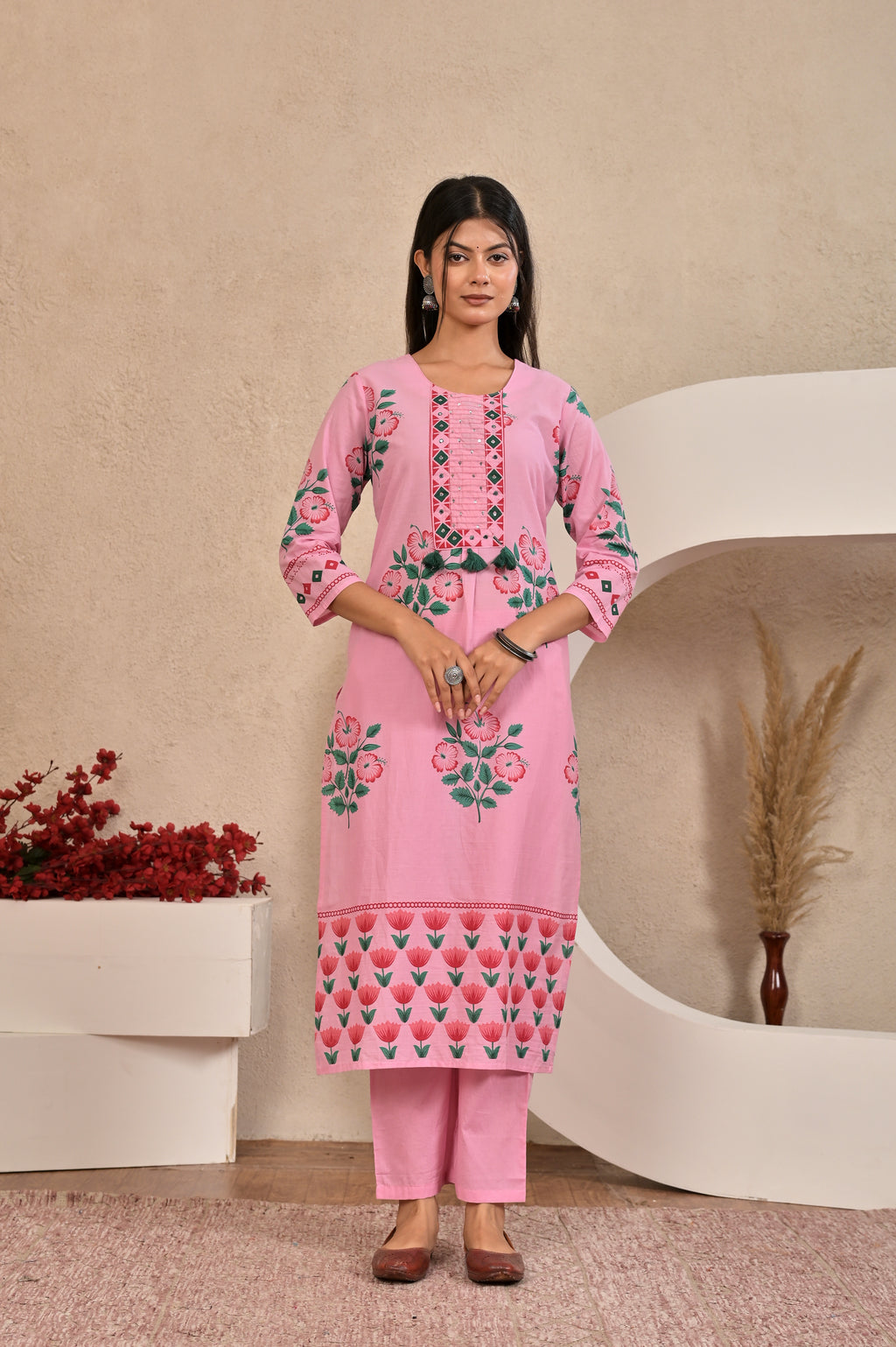 Women’s Panel Printed Kurta Set with Pin Tucks, Handwork & Tassels