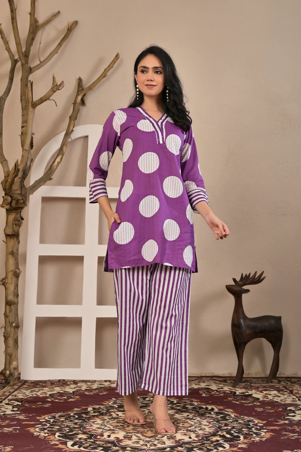 Women’s Geometric Printed Co-ord Set with Neckline Handwork