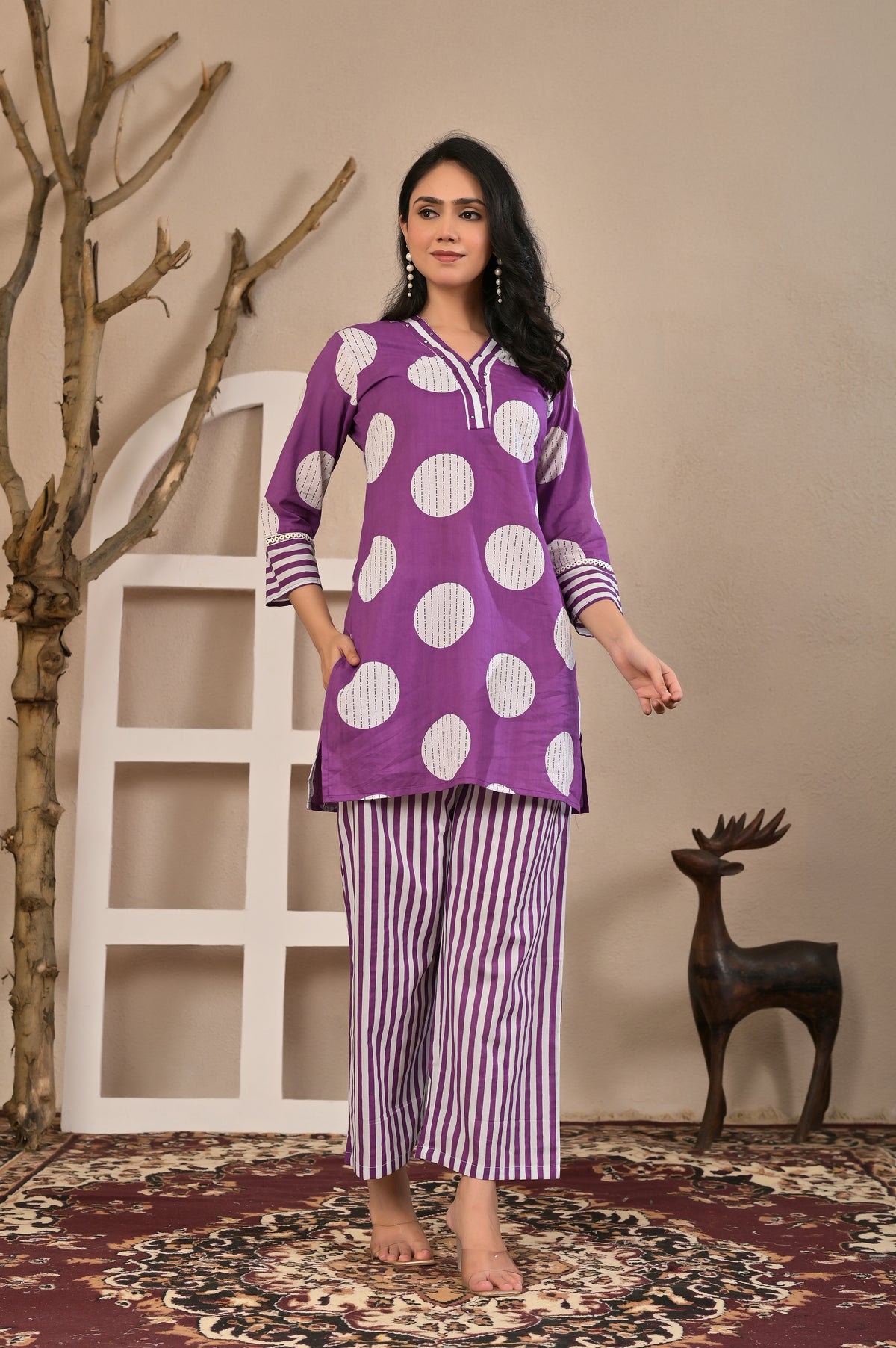 Women’s Geometric Printed Co-ord Set with Neckline Handwork