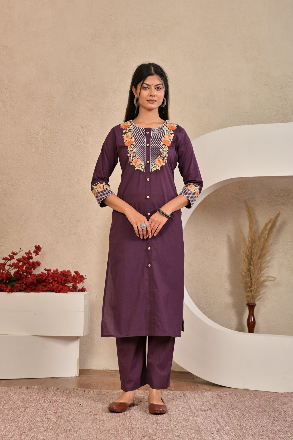 Women’s Embroidered Kurta Set with Floral Yoke & Button Detailing