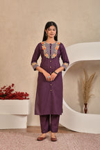 Women’s Embroidered Kurta Set with Floral Yoke & Button Detailing