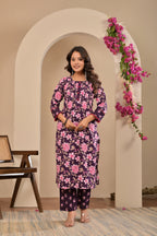Women’s Floral A-Line Kurta Pant Dupatta Set with Handwork & Button Details