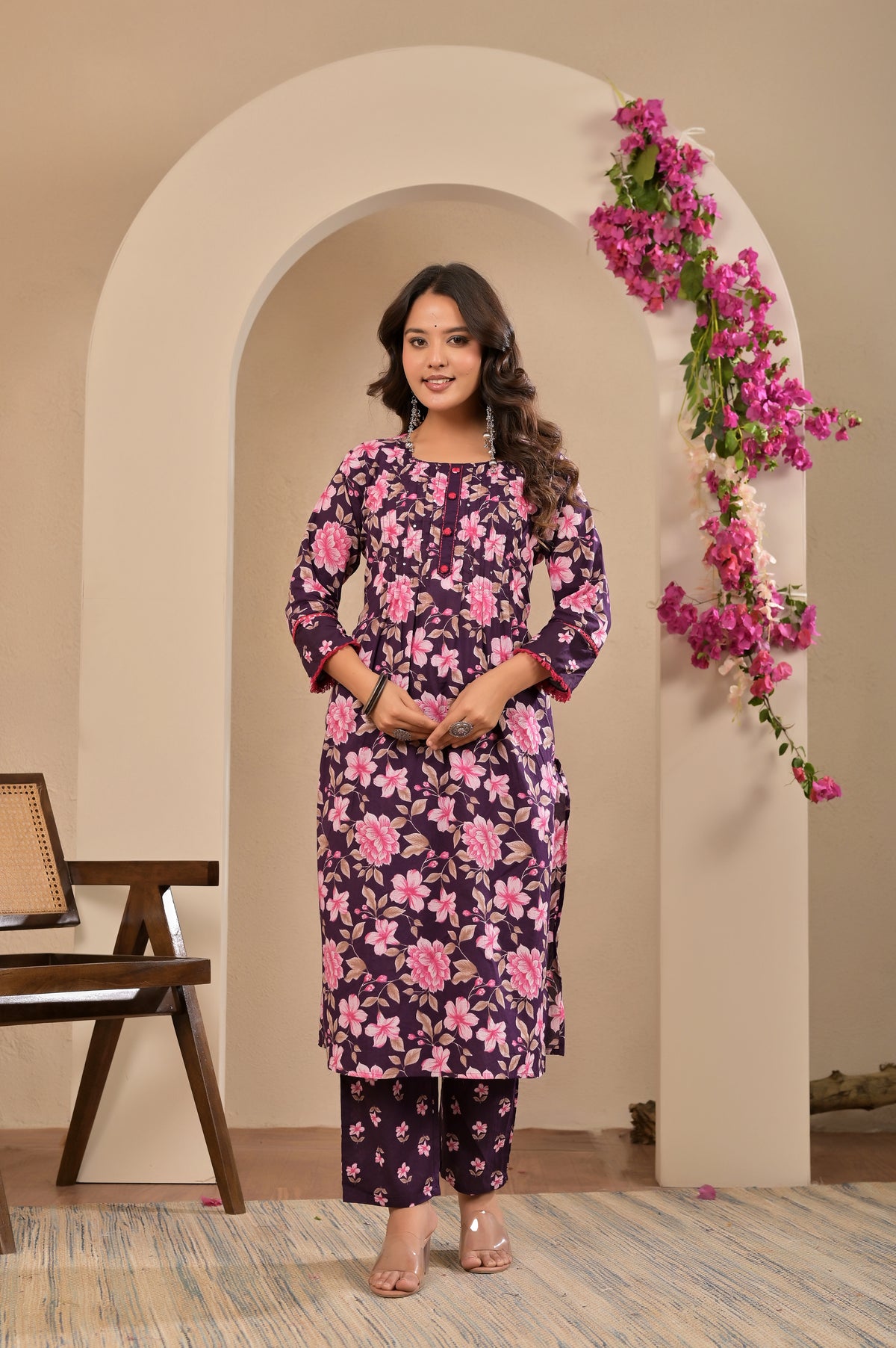 Women’s Floral A-Line Kurta Pant Dupatta Set with Handwork & Button Details