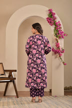Women’s Floral A-Line Kurta Pant Dupatta Set with Handwork & Button Details