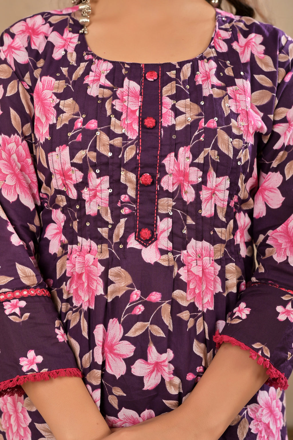 Women’s Floral A-Line Kurta Pant Dupatta Set with Handwork & Button Details
