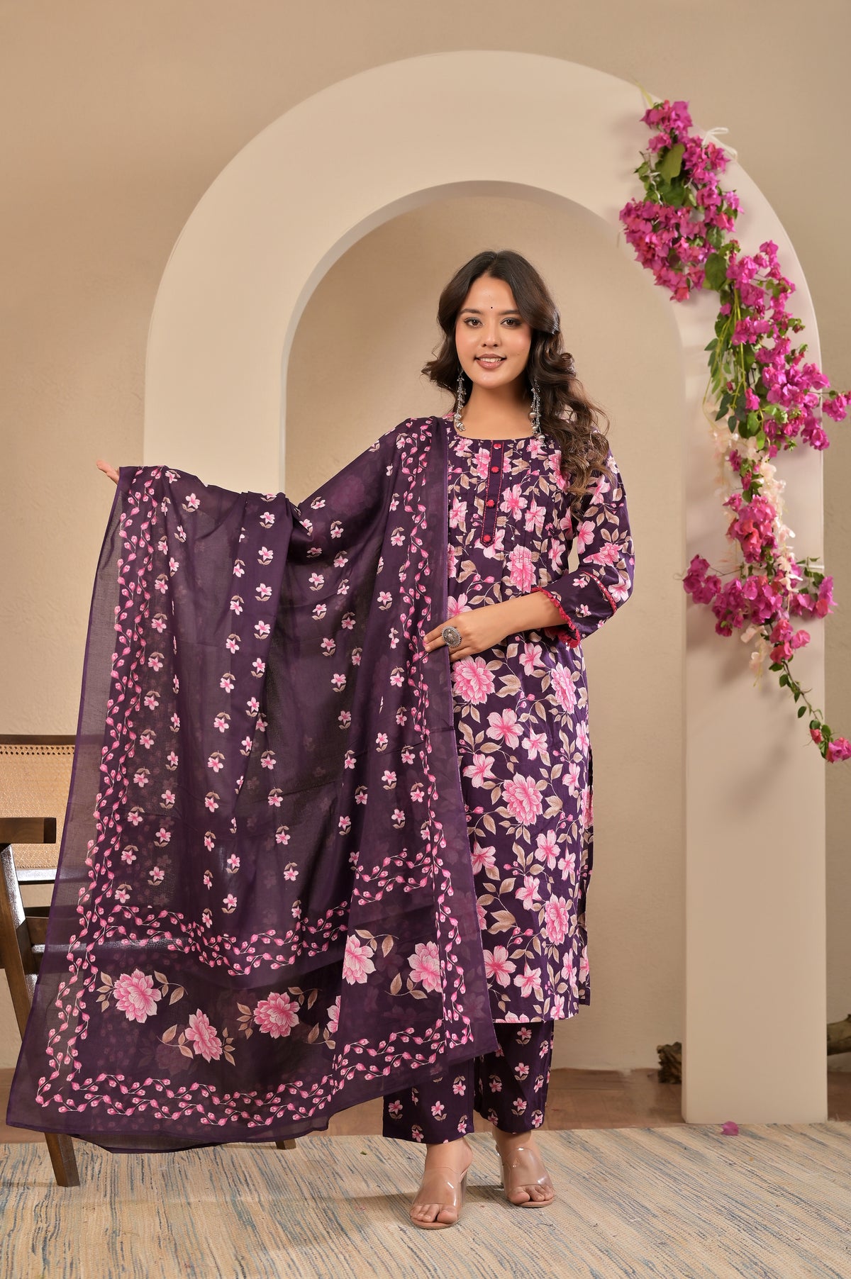 Women’s Floral A-Line Kurta Pant Dupatta Set with Handwork & Button Details