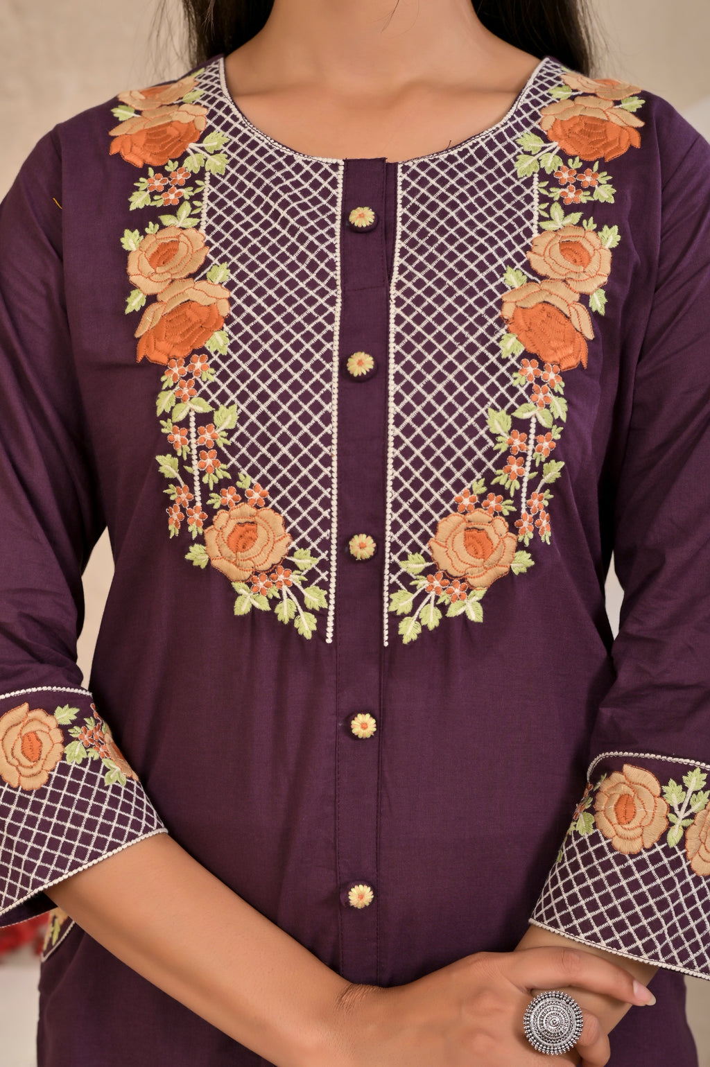 Women’s Embroidered Kurta Set with Floral Yoke & Button Detailing